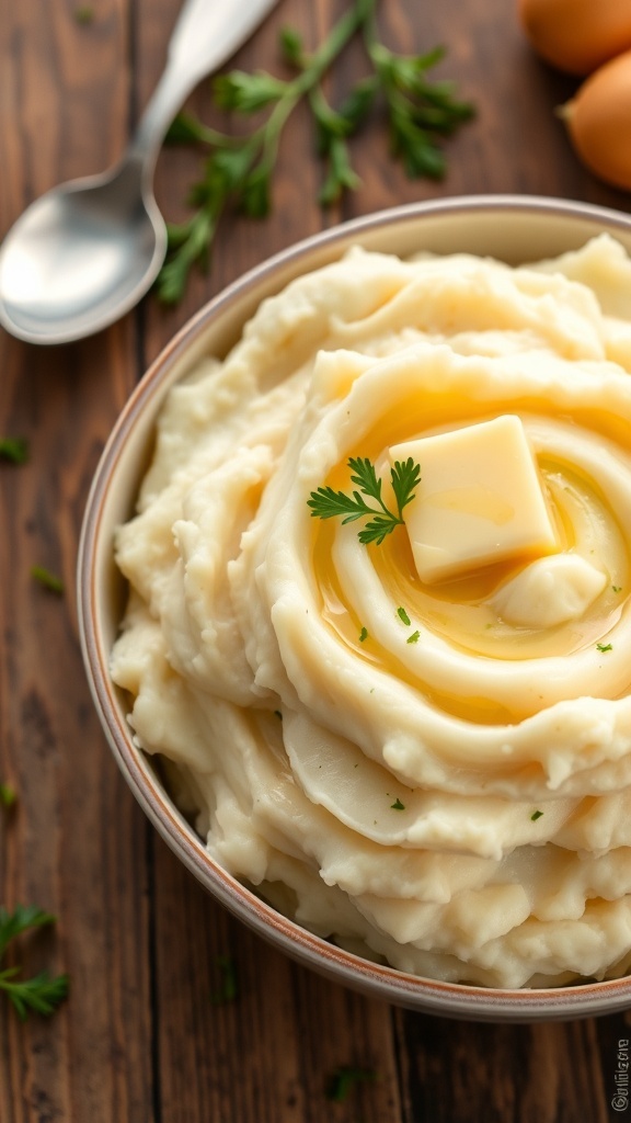 A bowl of creamy mashed potatoes topped with butter and parsley on a rustic wooden table.